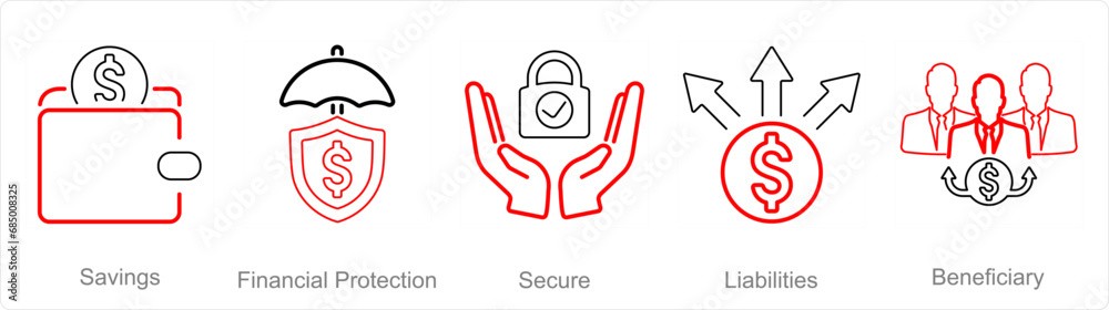 A set of 5 Insurance icons as savings, financial protection, secure A set of 5 Insurance icons as savings, financial protection, secure