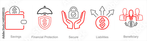 A set of 5 Insurance icons as savings, financial protection, secure