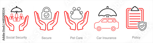 A set of 5 Insurance icons as social security, secure, pet care