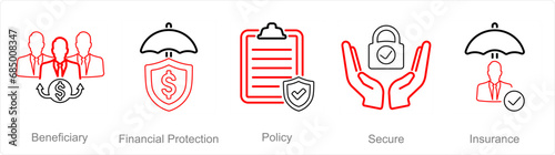 A set of 5 Insurance icons as beneficiary, financial protection, policy
