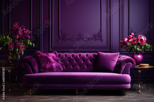 minimalist purple sofa on with purple wall