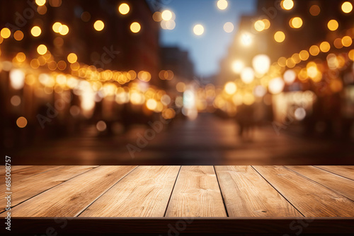 empty wooden table with bokeh lights on background. can use for display product