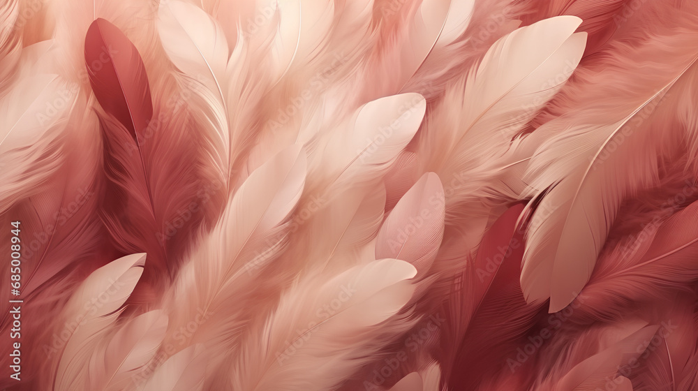 Feathers in Maroon and Beige on a Background of Gentle Weightlessness, Airy Design, Minimalist Softness, and Delicate Texture