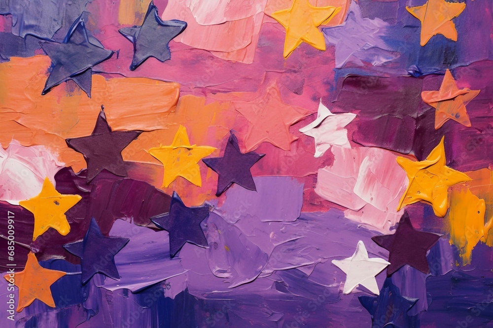 抽象油絵バナー）ピンクと紫の背景に白・黄色・青のラフな星柄
