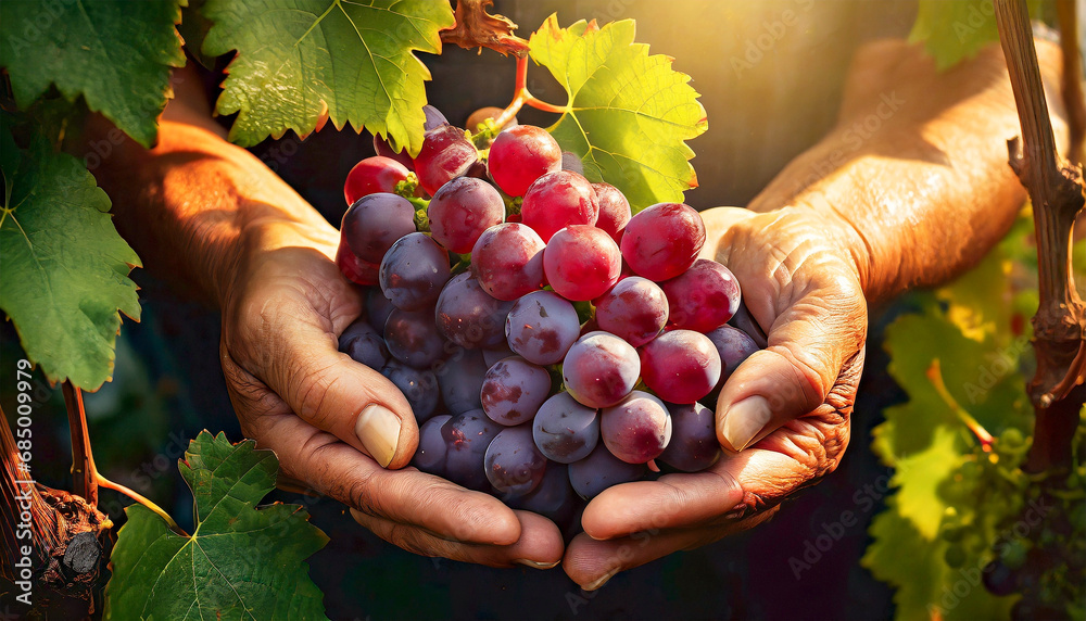 Close-up of two wrinkled hands (cupped hands full of red grapes) of a farmer showing harvesting ripe red grapes with green vine leaves. In the background vineyards at sunset or sunrise. - obrazy, fototapety, plakaty 