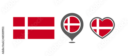 National flag of the Denmark. Flag in the shape of rectangles, location marks, hearts. Denmark national flag for language selection design. Vector icons