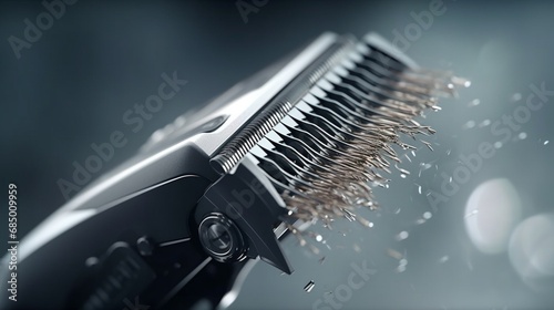 Close-up of hair clippers in action, trimming a head of hair. The blades are capturing hair particles in ultra-high detail.