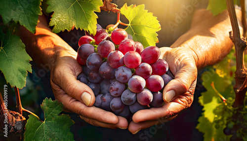 Close-up of two wrinkled hands (cupped hands full of red grapes) of a farmer showing harvesting ripe red grapes with green vine leaves. In the background vineyards at sunset or sunrise.