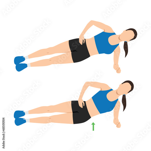 Woman doing side plank hip raises exercise. Flat vector illustration isolated on white background