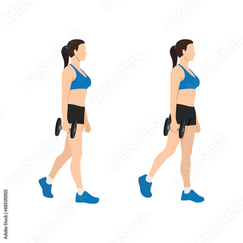 Woman doing single or one arm dumbbell farmers walk or suitcase carry exercise. Flat vector illustration isolated on white background