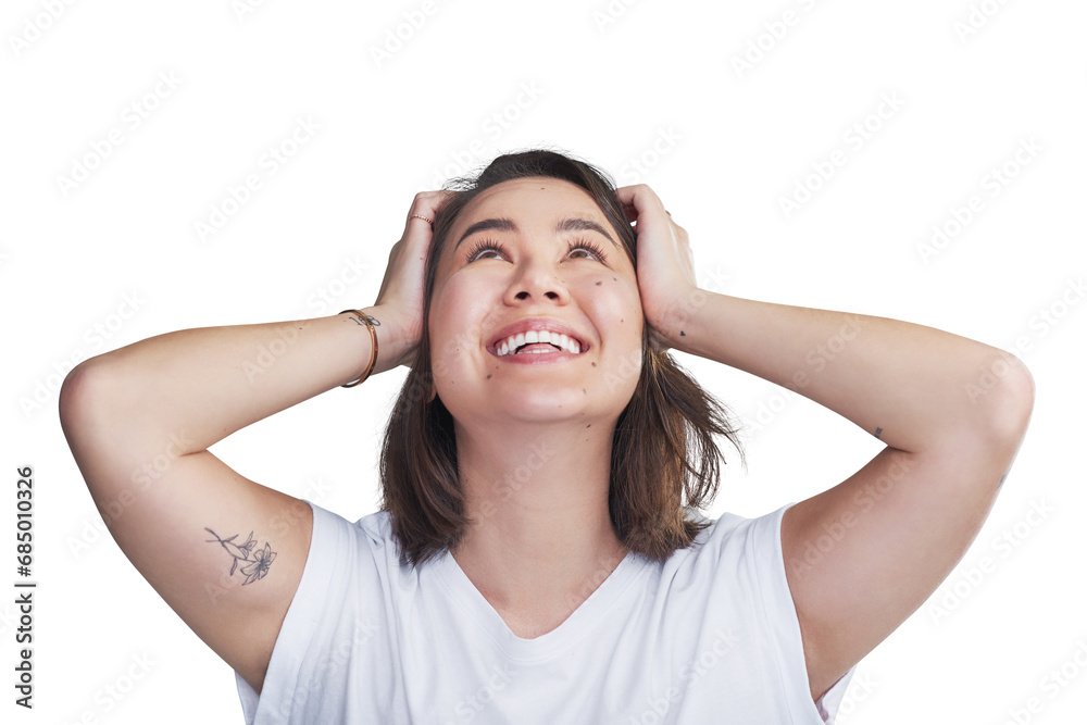Happy woman, surprise and wow for winning, luck or good news isolated on a transparent PNG background. Face of young female person or model smile in shock or relief for deal, sale or promotion Happy woman, surprise and wow for winning, luck or good news isolated on a transparent PNG background. Face of young female person or model smile in shock or relief for deal, sale or promotion