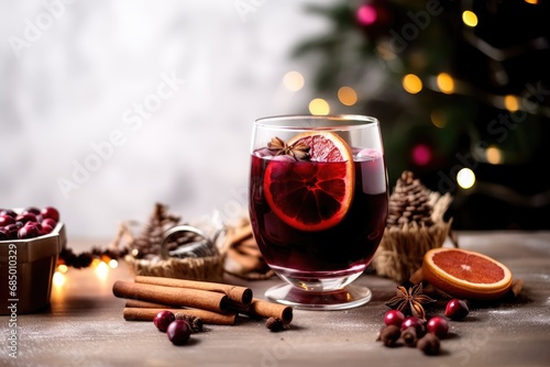 red wine with cinnamon - christmas drink on a festive xmas background 