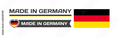 Made in Germany icons. National flag of Germany in the shape of a square, heart. Made in Germany national flag. Vector icons