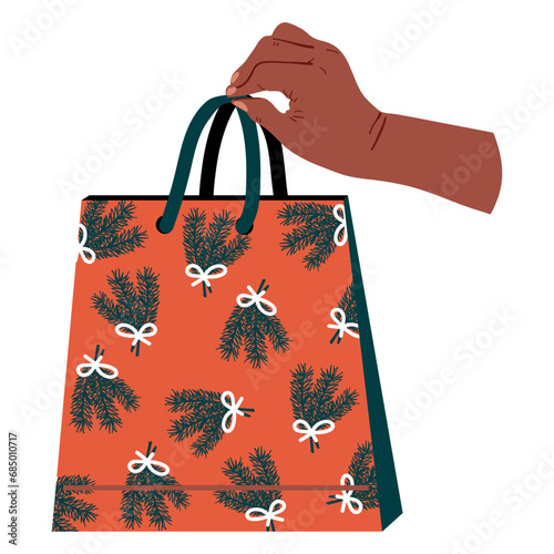 Hand with gift bag. Holding holiday package, festive paper bag decorating of spruce branches. Christmas surprise. Vector illustration	
