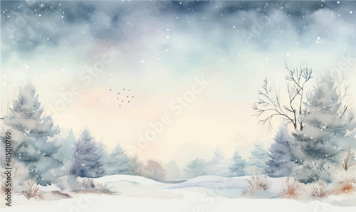 watercolor background winter landscape with snow