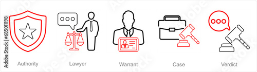 A set of 5 Justice icons as authority, lawyer, warrant