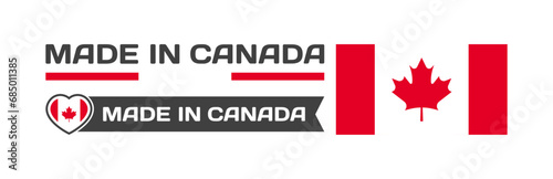 Made in Canada icons. National flag of Canada in the shape of a square, heart. Made in Canada national flag. Vector icons