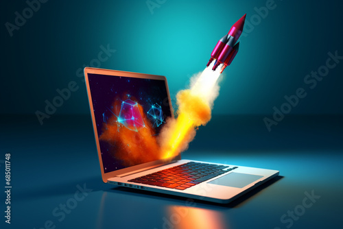 3D Rocket Soaring from a Laptop Keyboard, Symbolizing Virtual Innovation and Cybernetic Exploration in a Blue Realm. Ai generated