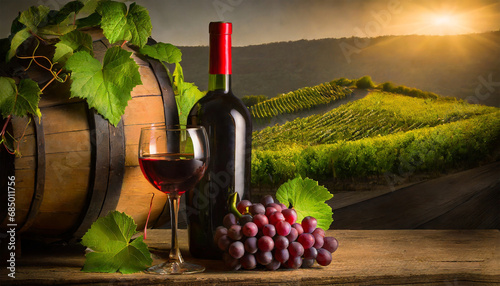 Closeup of a bottle of red wine, glass of red wine, bunch of ripe red grapes and old wooden barrel on a wooden table. In the background vineyards on the hills at sunrise or sunset.
