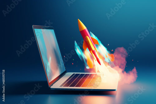 3D Rocket Soaring from a Laptop Keyboard, Symbolizing Virtual Innovation and Cybernetic Exploration in a Blue Realm. Ai generated