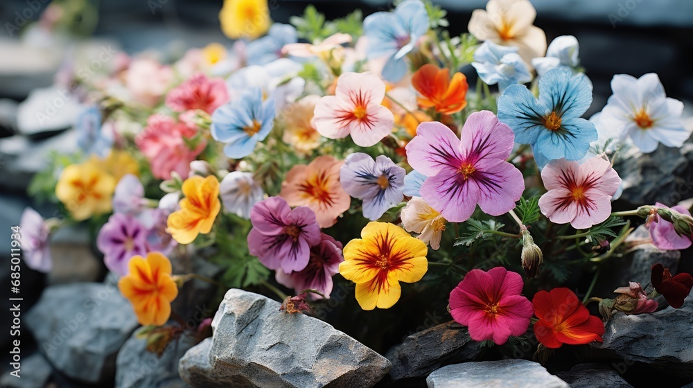 colorful wildflowers growing on a rock wall - closeup