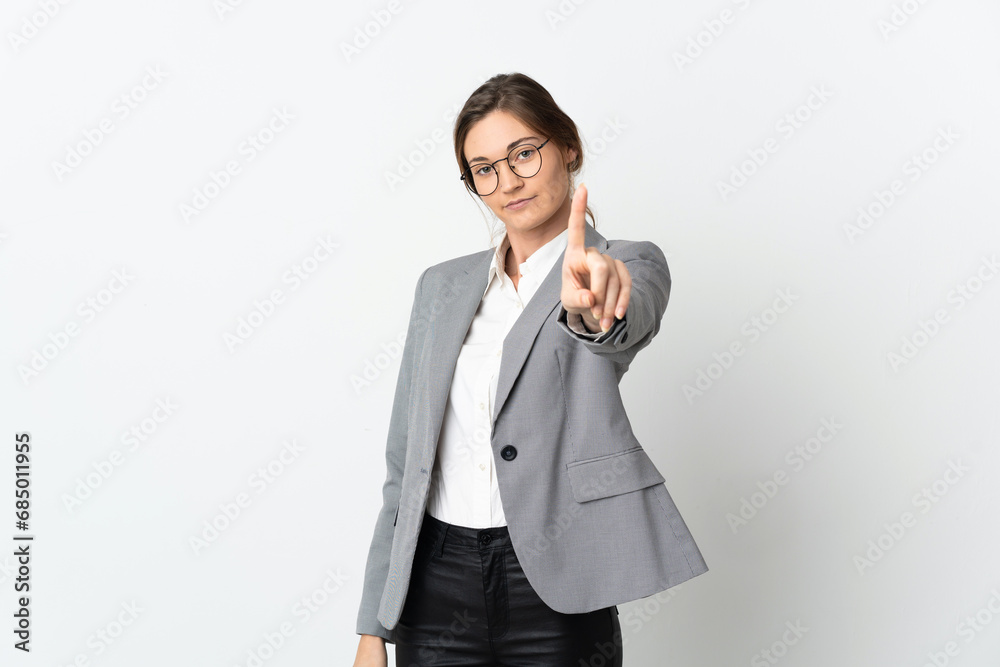 Business Ireland woman isolated on white background showing and lifting a finger Business Ireland woman isolated on white background showing and lifting a finger