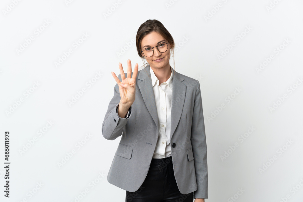 Business Ireland woman isolated on white background happy and counting four with fingers Business Ireland woman isolated on white background happy and counting four with fingers