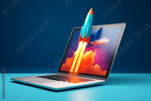 3D Rocket Soaring from a Laptop Keyboard, Symbolizing Virtual Innovation and Cybernetic Exploration in a Blue Realm. Ai generated