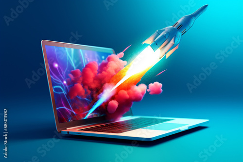 3D Rocket Soaring from a Laptop Keyboard, Symbolizing Virtual Innovation and Cybernetic Exploration in a Blue Realm. Ai generated