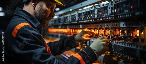 The man is repairing the switchboard voltage with automatic switches. photo