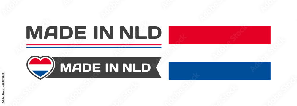 Made in NLD icons. National flag of NLD in the shape of a square, heart. Made in Netherlands national flag. Vector icons Made in NLD icons. National flag of NLD in the shape of a square, heart. Made in Netherlands national flag. Vector icons