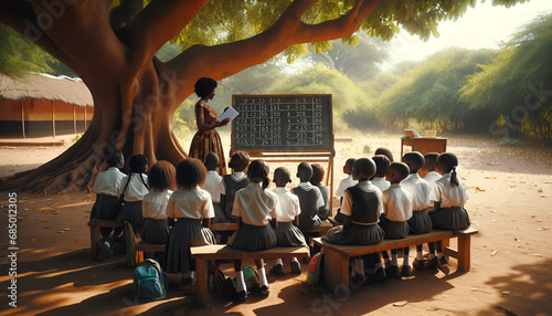 African school children attend class outside under a tree in a rural village. photo