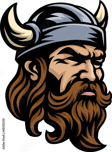 A Viking warrior head or face wearing a horned helmet mascot man