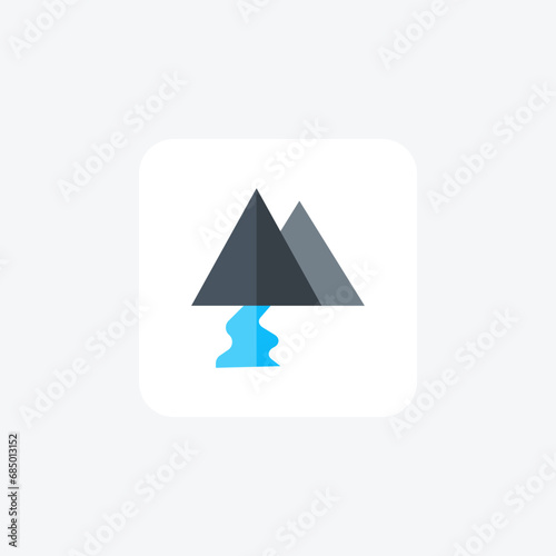 River, mountain, landscape, valley, stream flat color icon, pixel perfect icon