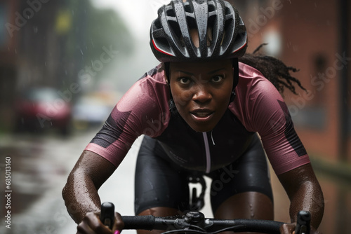 Focused african woman athlete triathlon cycling in rain