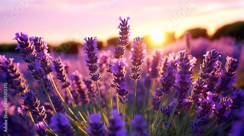 A close-up of a vibrant Lavender field at sunset, swaying in the breeze. 8K