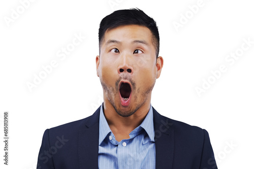 Funny, face and asian man with cross eyes on isolated, transparent or png background, Crazy, emoji or model with wow, expression or personality, mood and joke, humor or unique squint eyeball trick photo