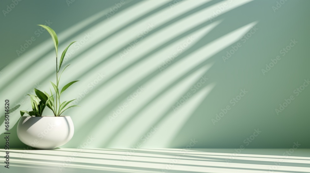 Minimalist abstract gentle light mint green background for product presentation with light and intricate shadows from the window and vegetation on the wall.