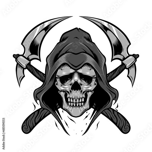 Grim reaper hooded skull with crossed scythe illustration and tshirt design