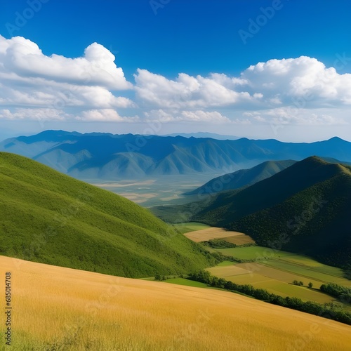 The vast mountains and fields, clear skies and clouds, and the view from the top of the mountain