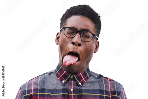 Funny, face and black man with tongue out gesture on isolated, transparent or png background. Comic, emoji and silly male model with goofy mood, personality or gross reaction to disgusting taste photo
