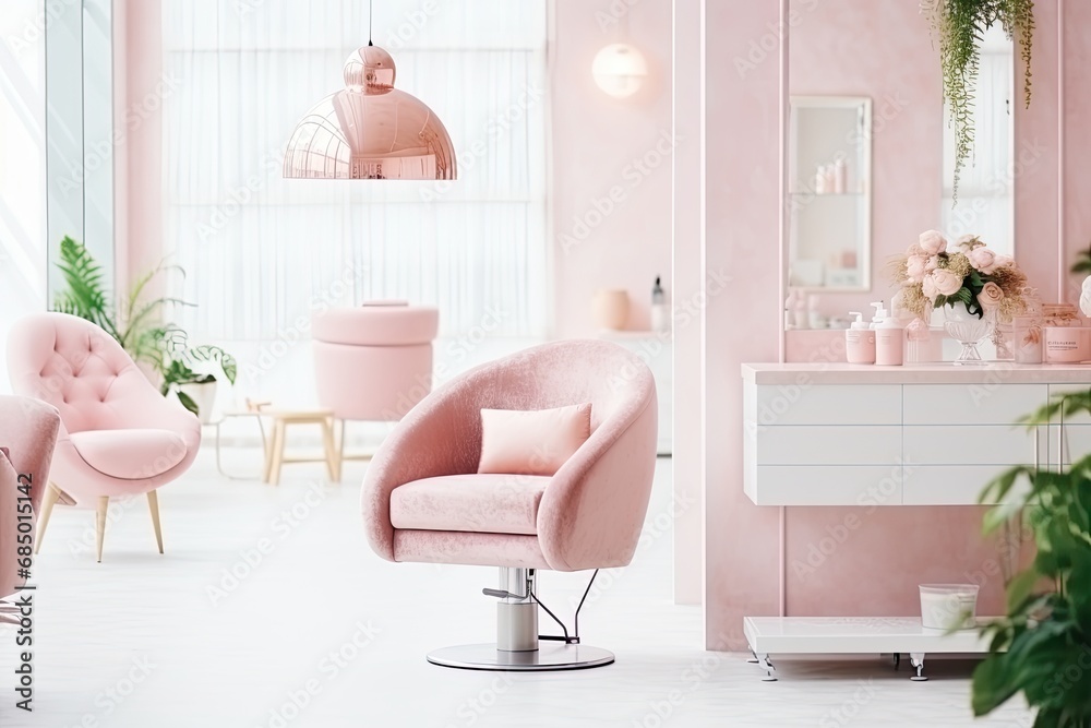 Contemporary beauty salon design with stylish furniture, pink accents, and elegant interior, creating a welcoming atmosphere. - obrazy, fototapety, plakaty 