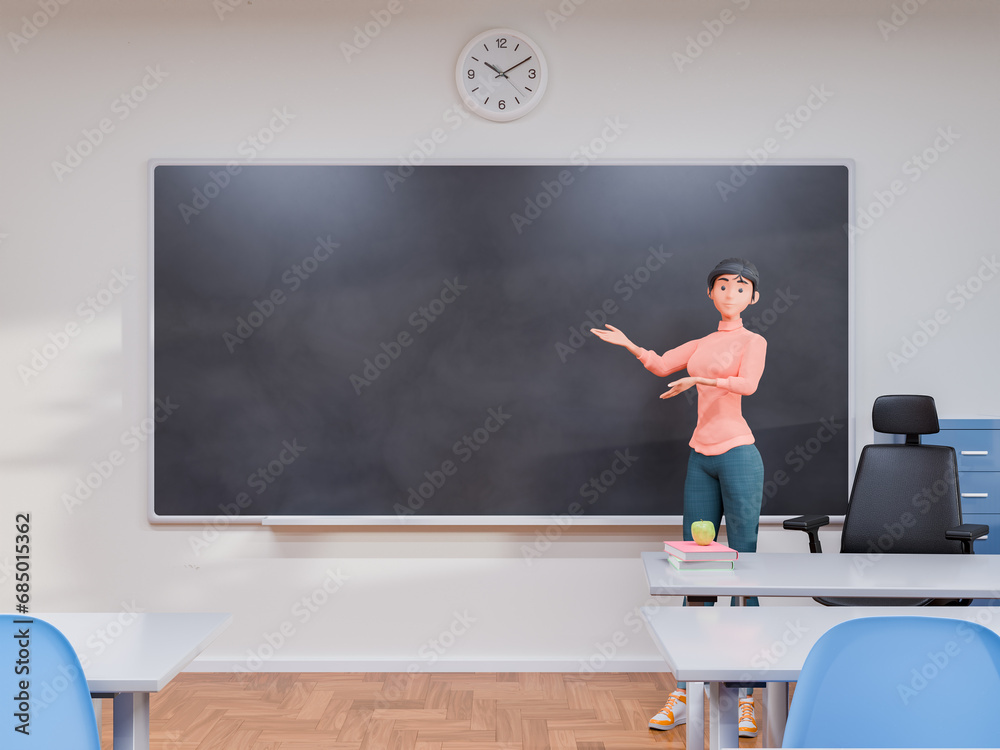 Cartoon Teacher Presenting in Classroom with Blackboard and Clock Cartoon Teacher Presenting in Classroom with Blackboard and Clock