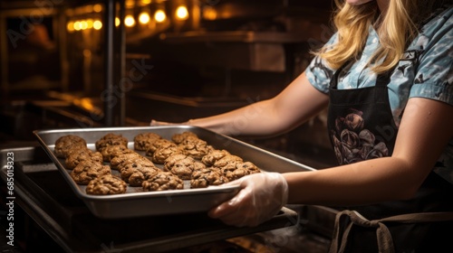 National Blonde Brownie Day: A baker taking out a freshly baked tray of blonde brownies from the oven photo