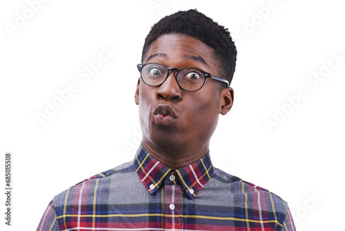 Surprise, portrait and black man with wow gossip on isolated, transparent or png background. No way, shock and face of African model with omg news, reaction or oops, emoji or offended by secret drama