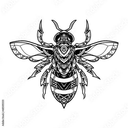 Hand drawn honey bee in zentangle style. Black and white vector illustration