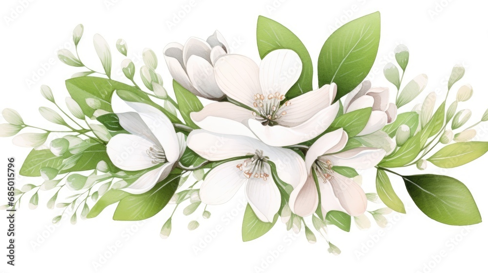 Snowdrops on white background. Hello Spring Easter concept. Beautiful blooming delicate white spring flowers illustration for invitation, greeting card, poster, wallpaper, print, web..