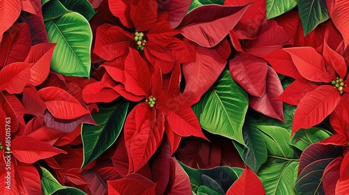 Poinsettia flowers Christmas seamless pattern. Floral branches and berries  mistletoe  Christmas florals repeating tile background for wrapping paper  fabric  textile  print  wallpaper..