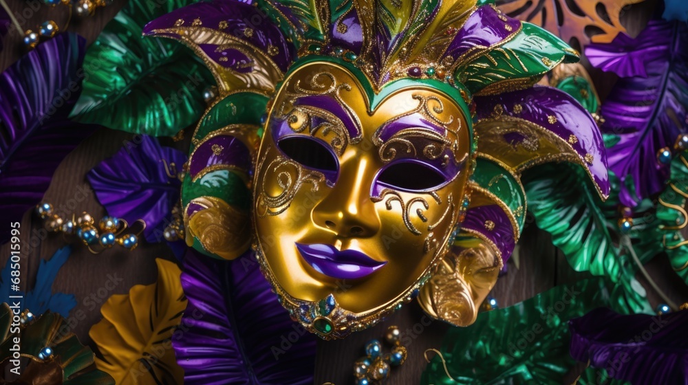 Mardi Gras Venetian masks in golden purple green colors background. Festive colorful Carnival Mardi Gras masquerade mask design for banner, greeting card, prints, poster, party invitation, flyer..