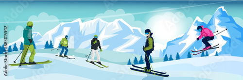 Group of skier practice skills near high alps mountains. Extreme winter sports. Snowy picturesque downhill, recreation activity, holiday vacation. Skiing competition. Vector illustration